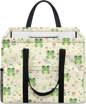 GOSTONG Funny Frog Flower Stand Up Utility Tote Bag 13x15 Inch Large Capacity Foldable Shopping Tote Purse with Long Handles and One Mesh Pocket for Grocery Stores