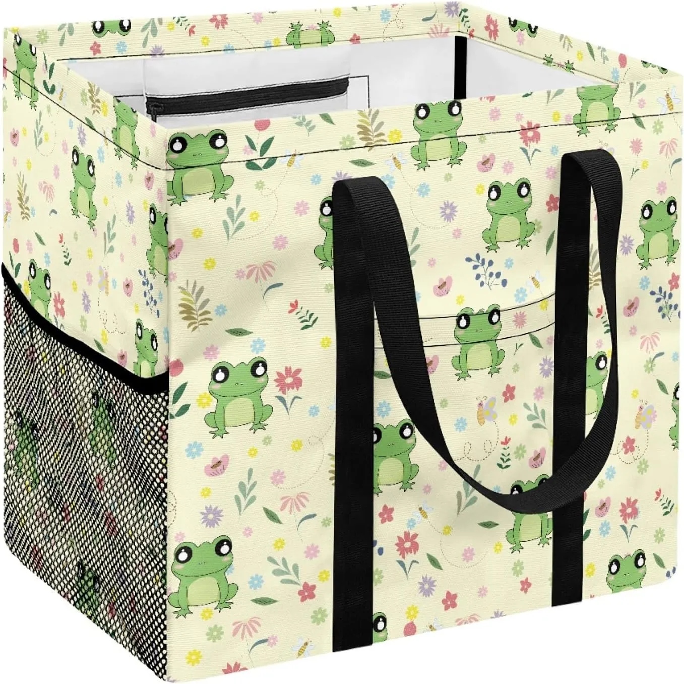 GOSTONG Funny Frog Flower Stand Up Utility Tote Bag 13x15 Inch Large Capacity Foldable Shopping Tote Purse with Long Handles and One Mesh Pocket for Grocery Stores