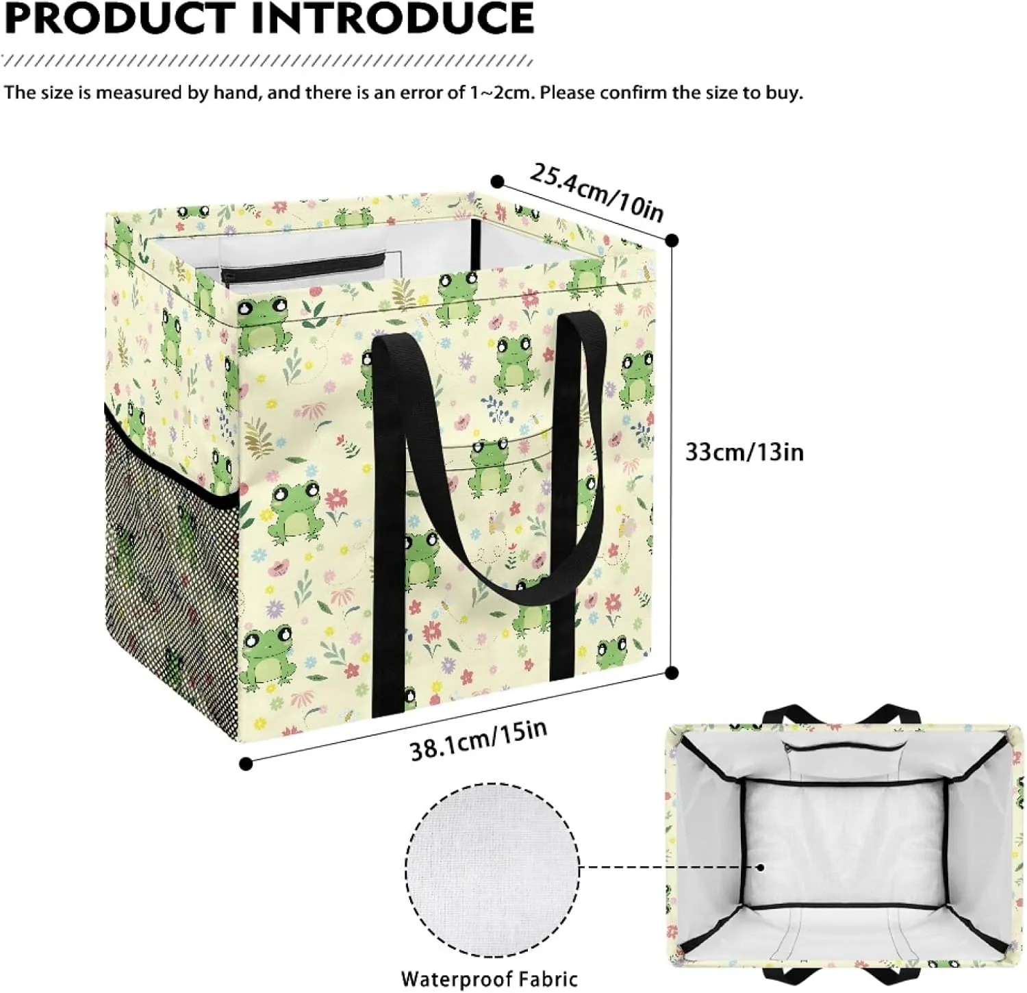 GOSTONG Funny Frog Flower Stand Up Utility Tote Bag 13x15 Inch Large Capacity Foldable Shopping Tote Purse with Long Handles and One Mesh Pocket for Grocery Stores