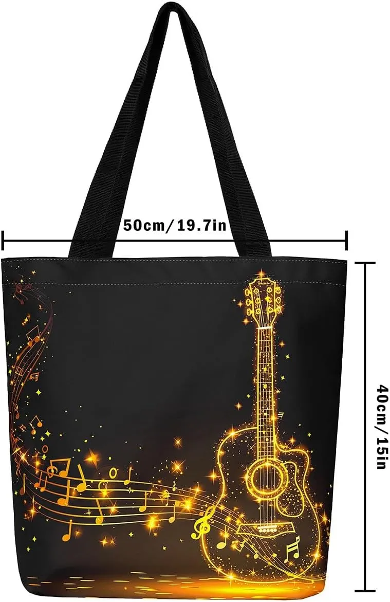 Guitar Canvas Tote Bag for Women,Music Stringed Instruments Large Capacity Gym Bag Flaming Grocery Shoulder Bag
