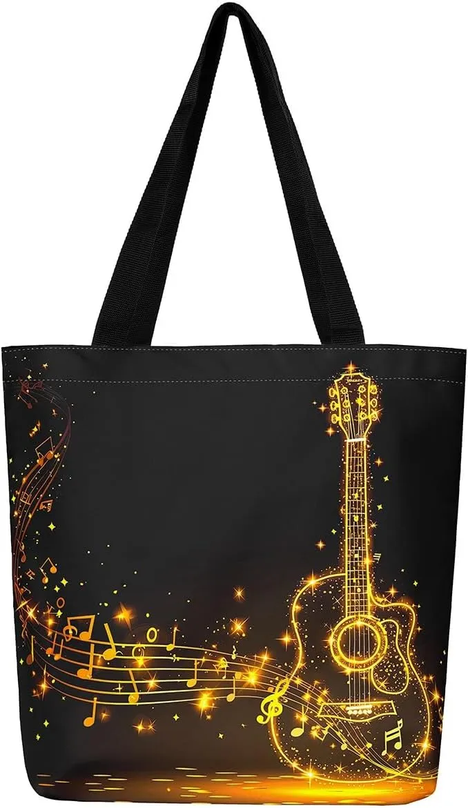Guitar Canvas Tote Bag for Women,Music Stringed Instruments Large Capacity Gym Bag Flaming Grocery Shoulder Bag