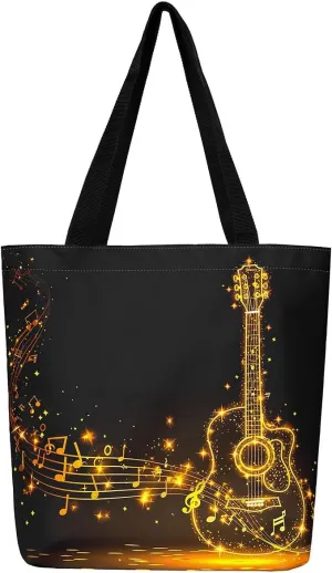 Guitar Canvas Tote Bag for Women,Music Stringed Instruments Large Capacity Gym Bag Flaming Grocery Shoulder Bag