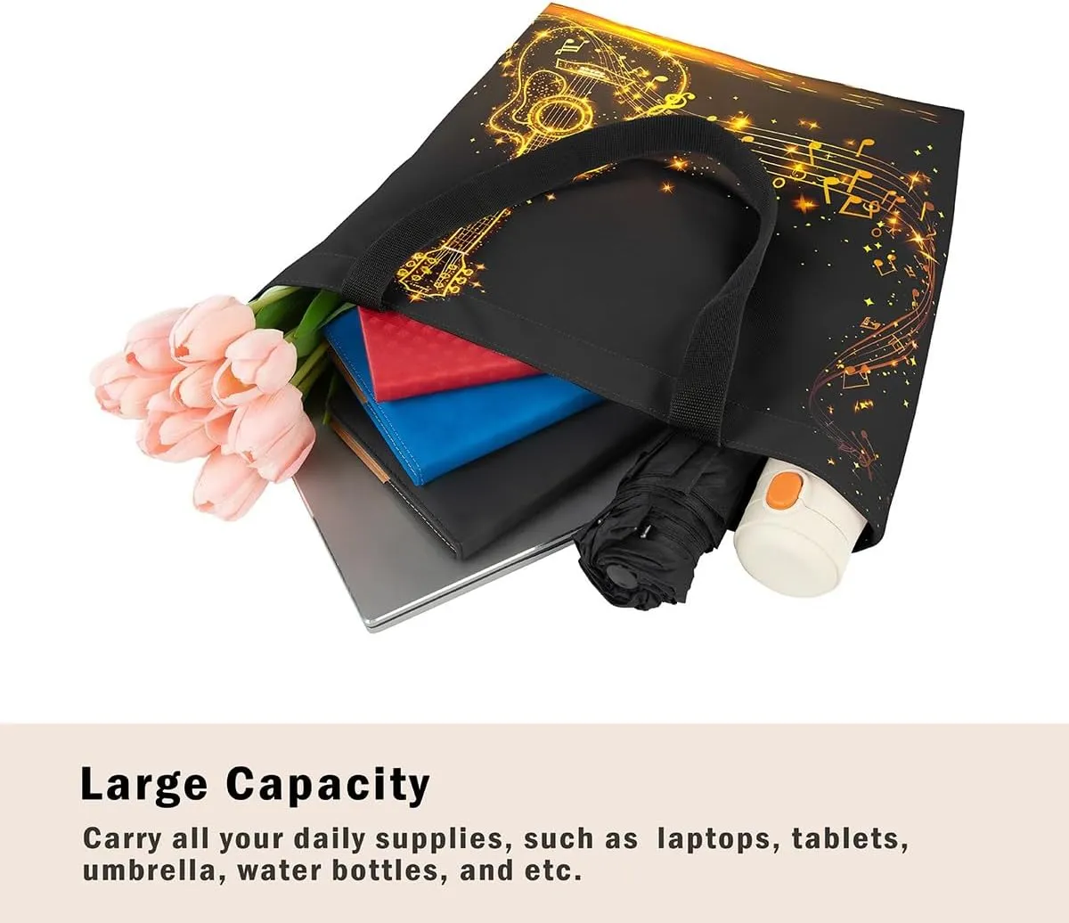 Guitar Canvas Tote Bag for Women,Music Stringed Instruments Large Capacity Gym Bag Flaming Grocery Shoulder Bag