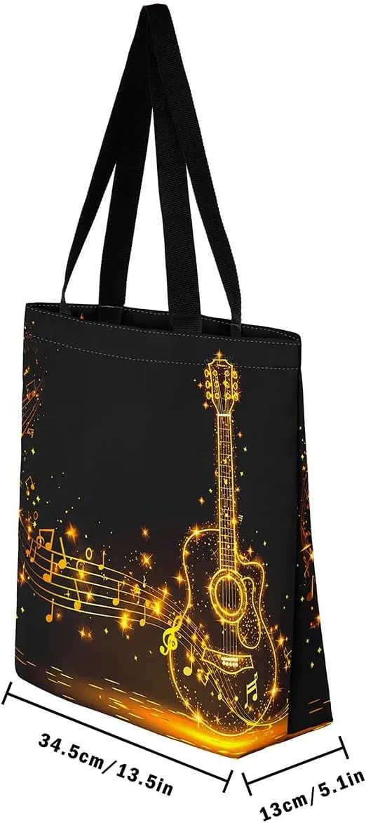 Guitar Canvas Tote Bag for Women,Music Stringed Instruments Large Capacity Gym Bag Flaming Grocery Shoulder Bag