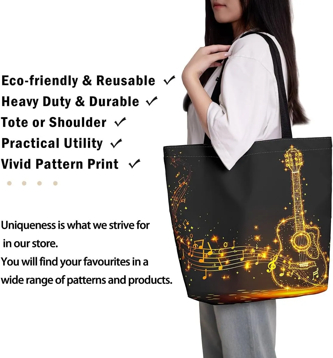 Guitar Canvas Tote Bag for Women,Music Stringed Instruments Large Capacity Gym Bag Flaming Grocery Shoulder Bag