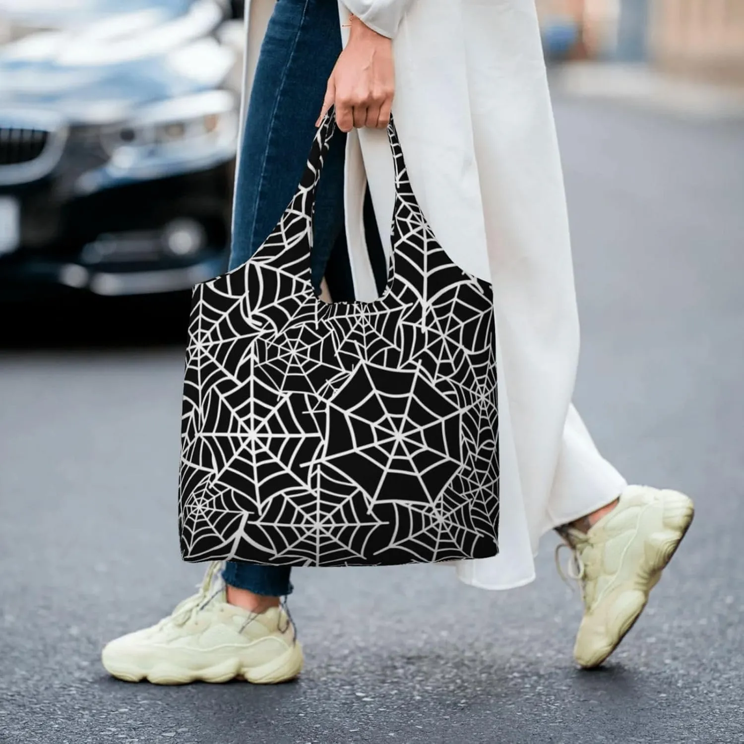 halloween spider web black Canvas Tote Bags Reusable Shopping Bag Handbag for Shopper Beach Gifts