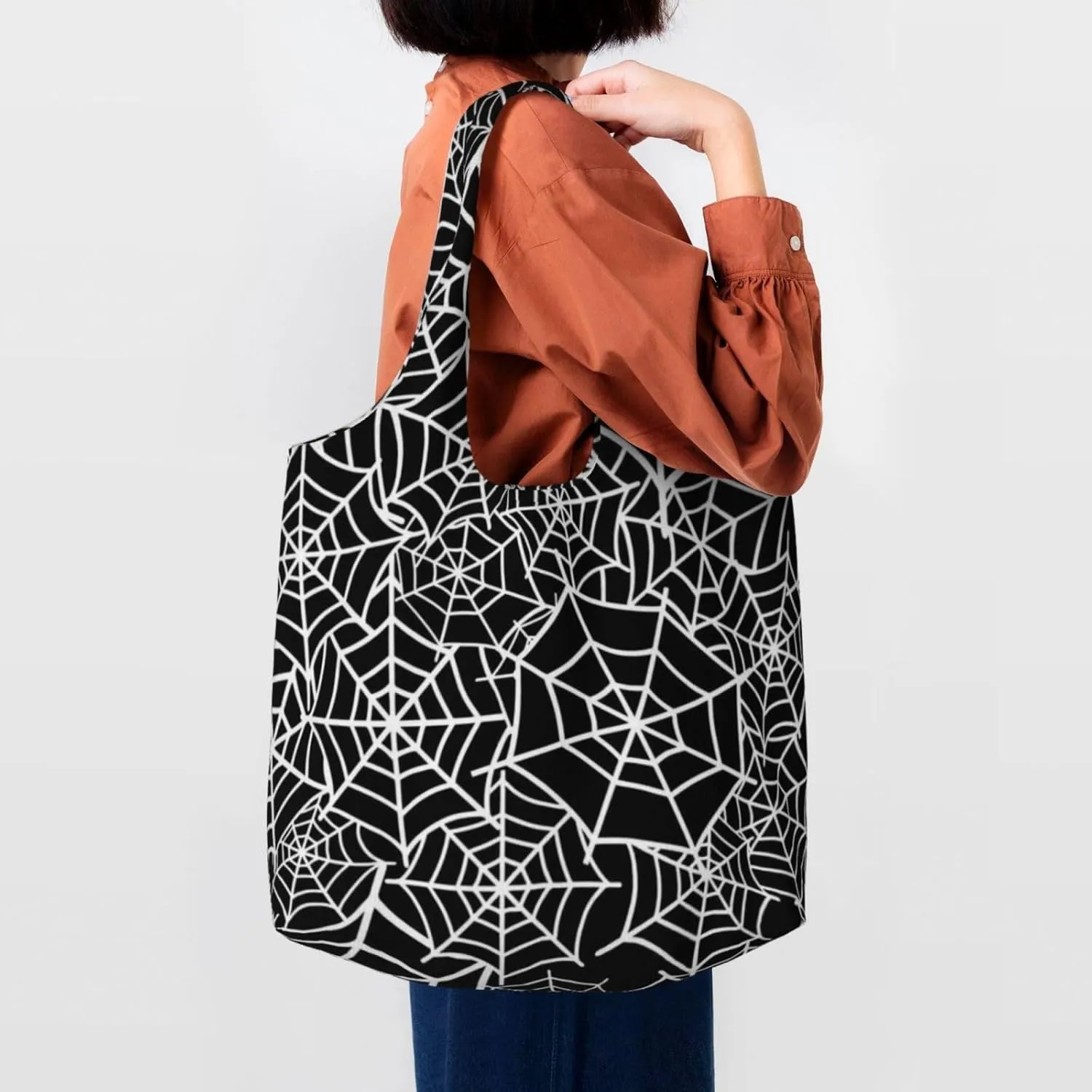 halloween spider web black Canvas Tote Bags Reusable Shopping Bag Handbag for Shopper Beach Gifts