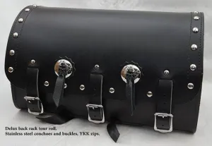 Heavy duty Deluxe and Standard black Leather back rack tour roll.