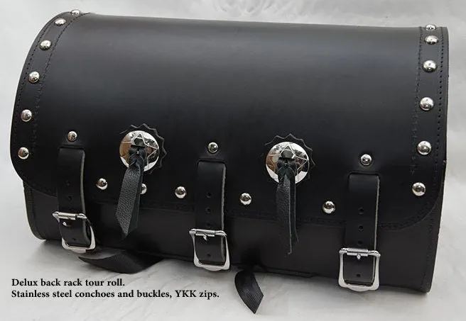 Heavy duty Deluxe and Standard black Leather back rack tour roll.