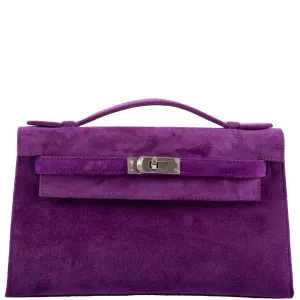 Hermes Kelly Pochette Violet Veau Doblis Suede Palladium Hardware - 2006, J Square