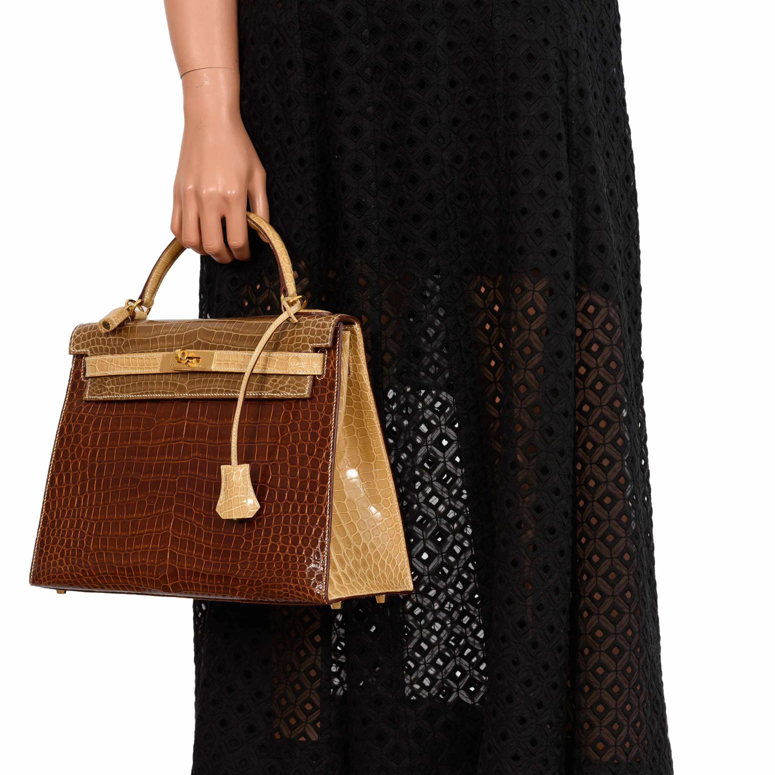 Hermès Kelly 32 Sellier Miel, Ficelle & Poussiere Porosus Crocodile Gold Hardware - 2007 Special Order