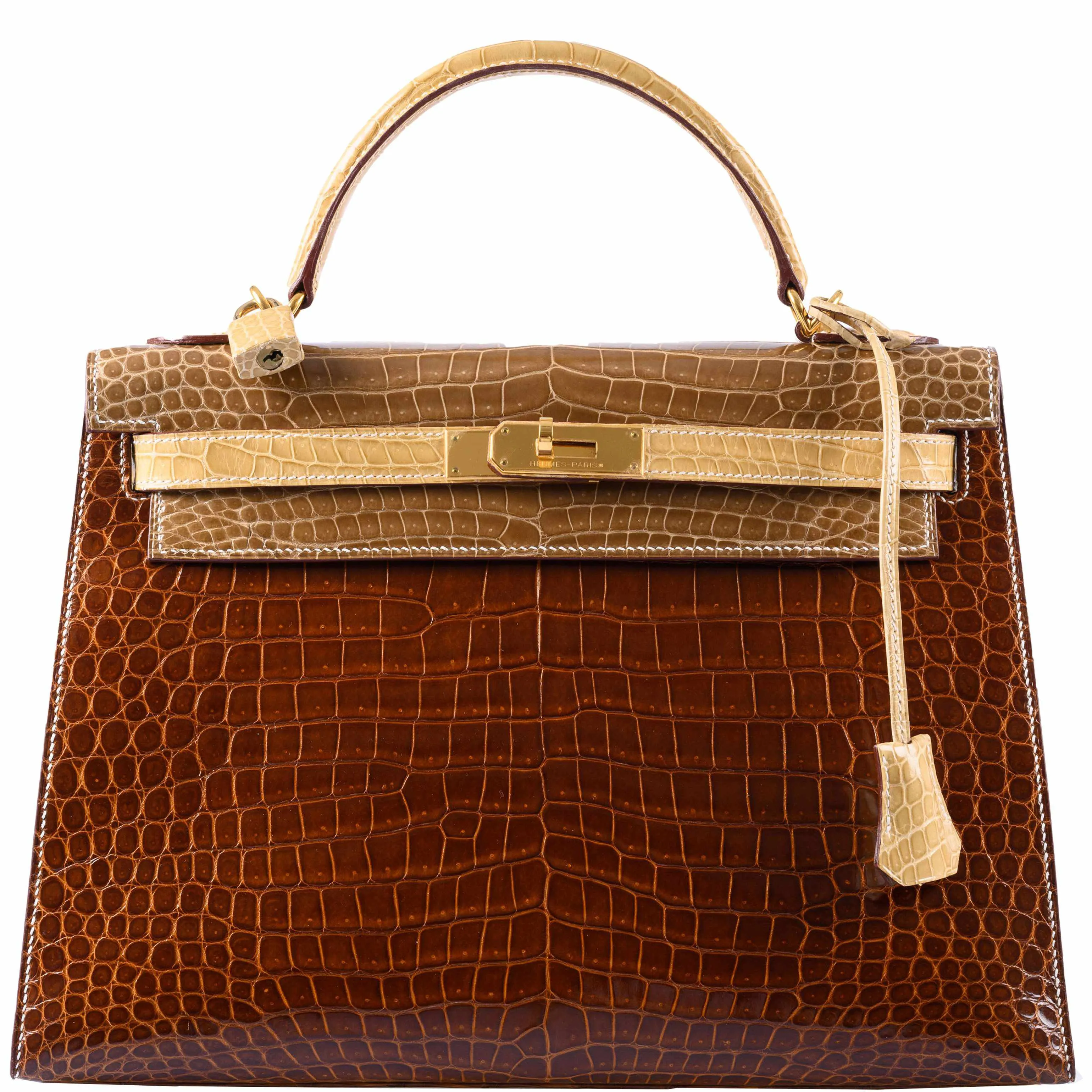 Hermès Kelly 32 Sellier Miel, Ficelle & Poussiere Porosus Crocodile Gold Hardware - 2007 Special Order