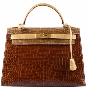 Hermès Kelly 32 Sellier Miel, Ficelle & Poussiere Porosus Crocodile Gold Hardware - 2007 Special Order