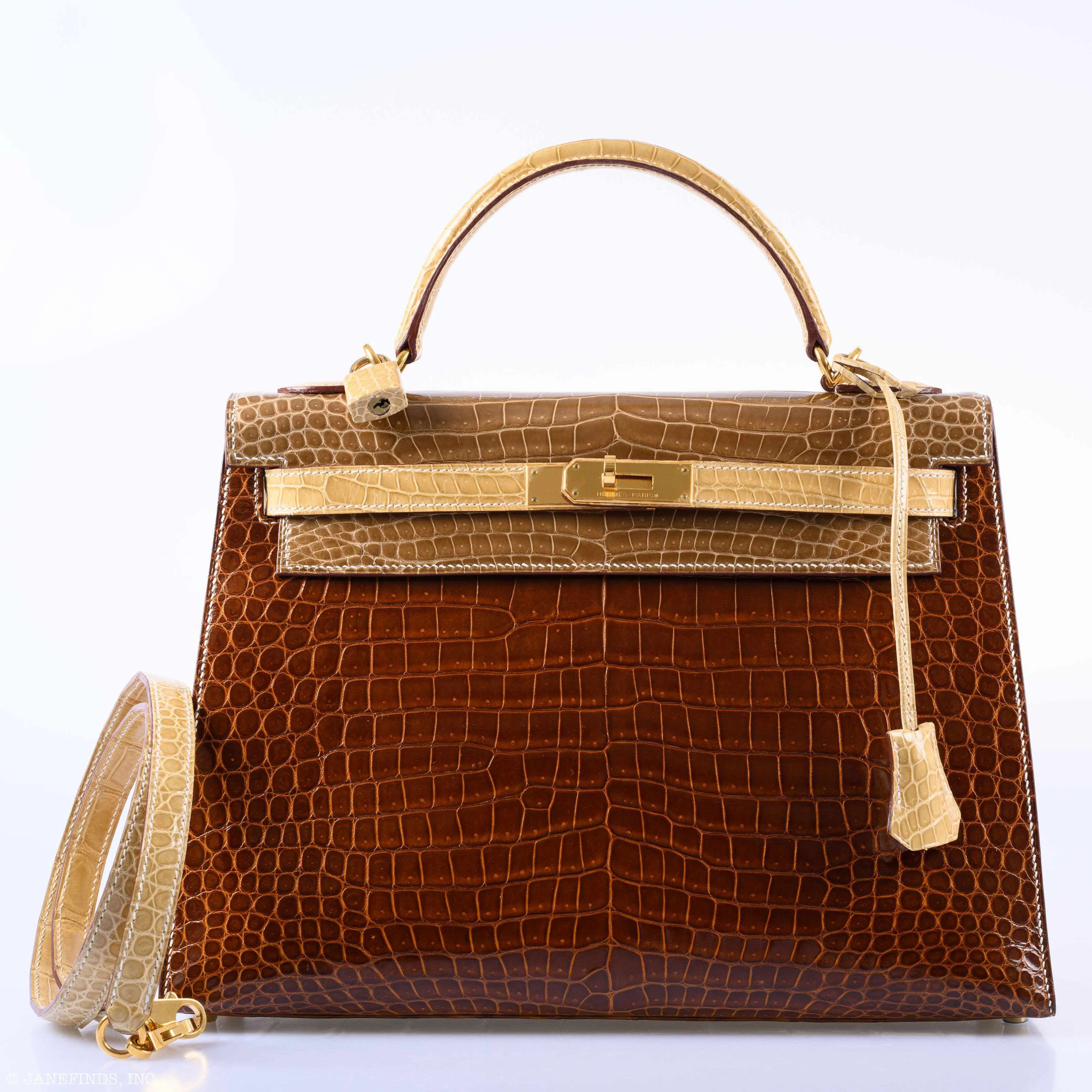 Hermès Kelly 32 Sellier Miel, Ficelle & Poussiere Porosus Crocodile Gold Hardware - 2007 Special Order