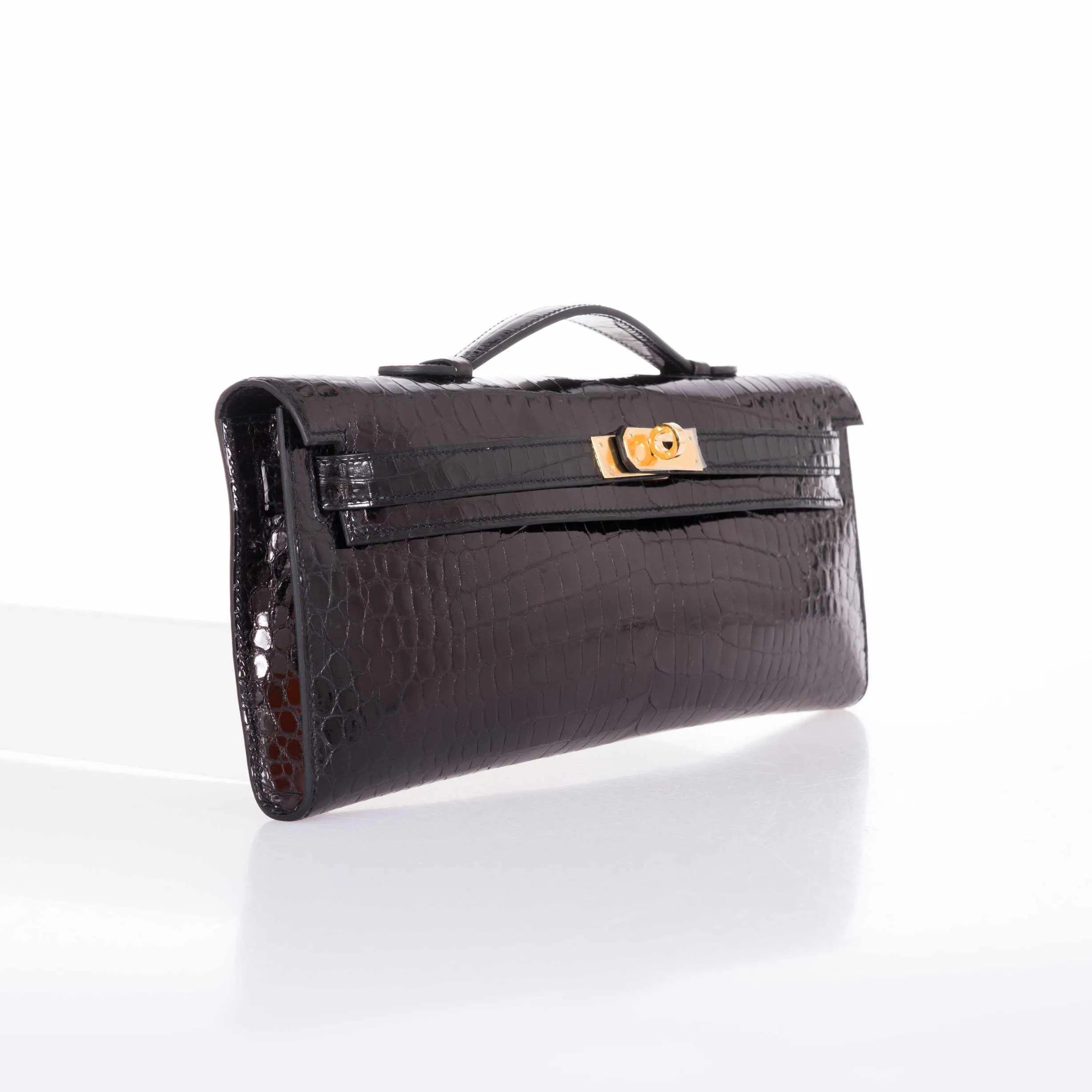 Hermès Kelly Cut Pochette Black Porosus Crocodile Gold Hardware