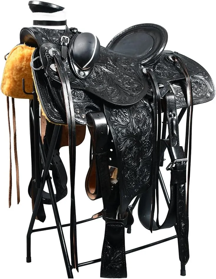 HILASON Black 15 in Western Horse Wade Saddle American Leather Ranch Roping Black | Hand Tooled | Horse Saddle | Western Saddle | Wade & Roping Saddle | Horse Leather Saddle | Saddle for Horses