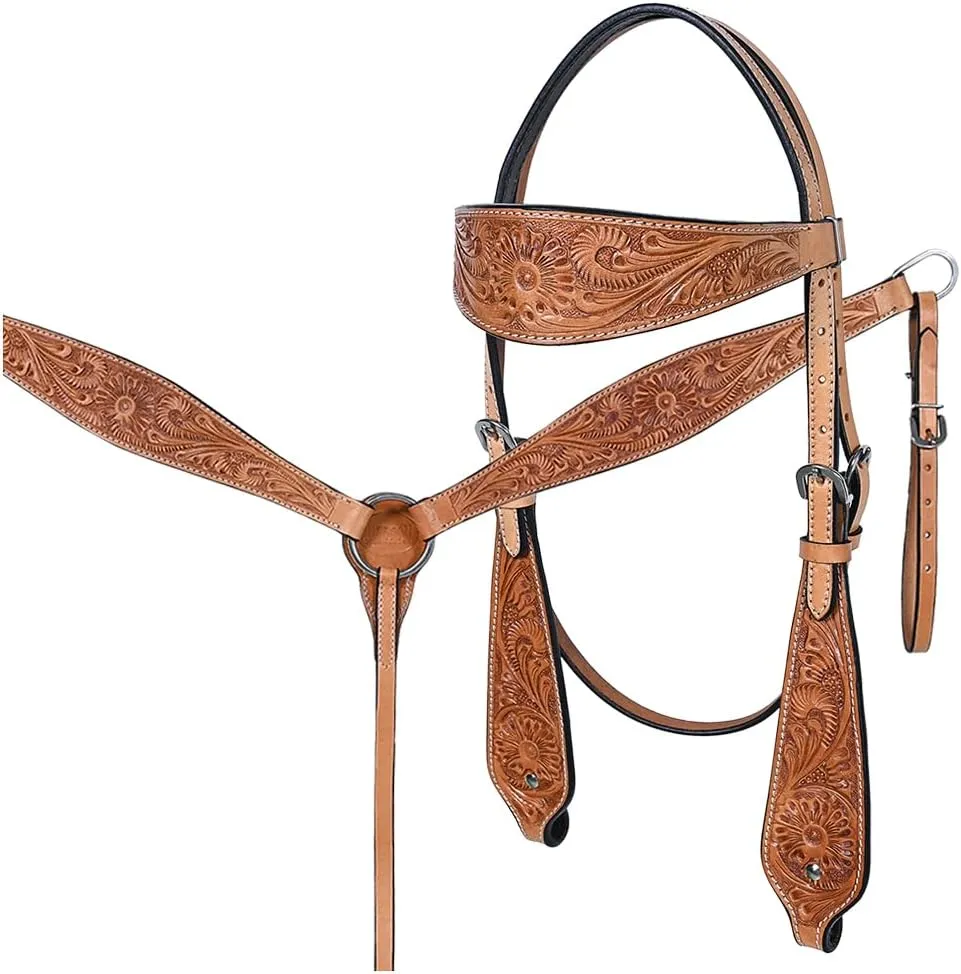 HILASON Tan Western American Leather Horse Tack Set Tan | Horse Tack Sets Western | Leather Horse Tack | Horse Tack Breast Collar | Leather Horse Headstall