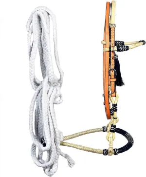 HILASON Western Headstall Horse Leather Rawhide Bosal Reins Bitless Tan
