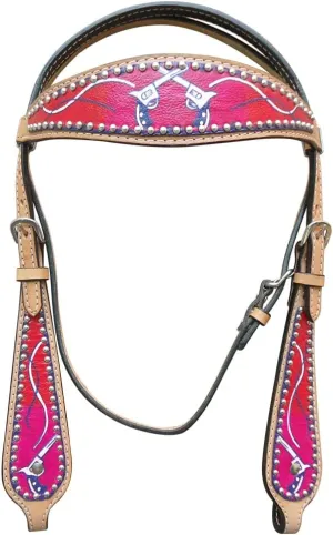 HILASON Western Horse Genuine American Leather Headstall & Breast Collar Set Red Croos Gun Printed