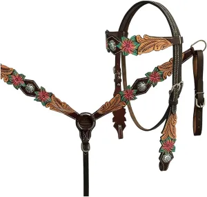 HILASON Western Horse Headstall Breast Collar Tack American Leather Dark Brown Harness | Headstall for Horses | Horse Headstall and Breast Collar | Horse Breast Collar