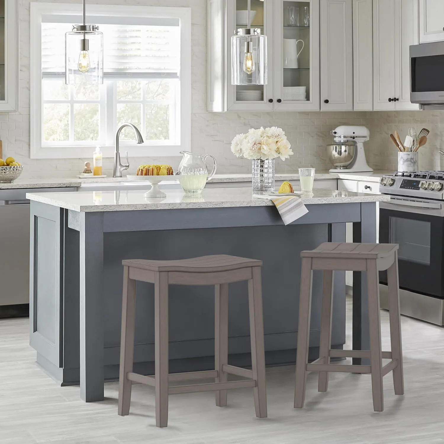 Hillsdale, Fiddler Wood Backless Counter Height Stool with Saddle-Style Seat, Aged Gray