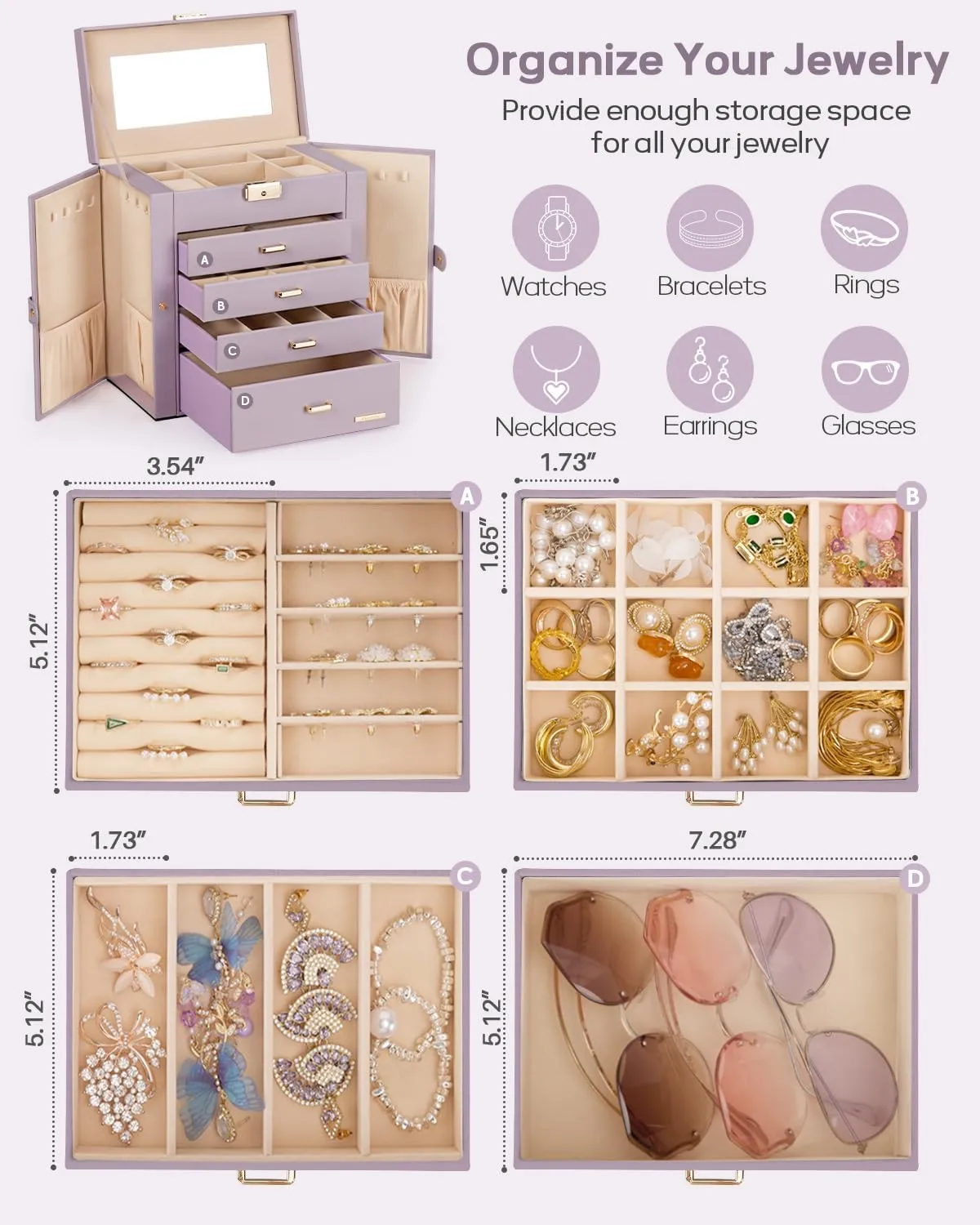 Homde Mother's Day Gifts Synthetic Leather Huge Jewelry Box Mirrored Watch Organizer Necklace Ring Earring Storage Lockable Gift Case (Grey Purple   Gold)