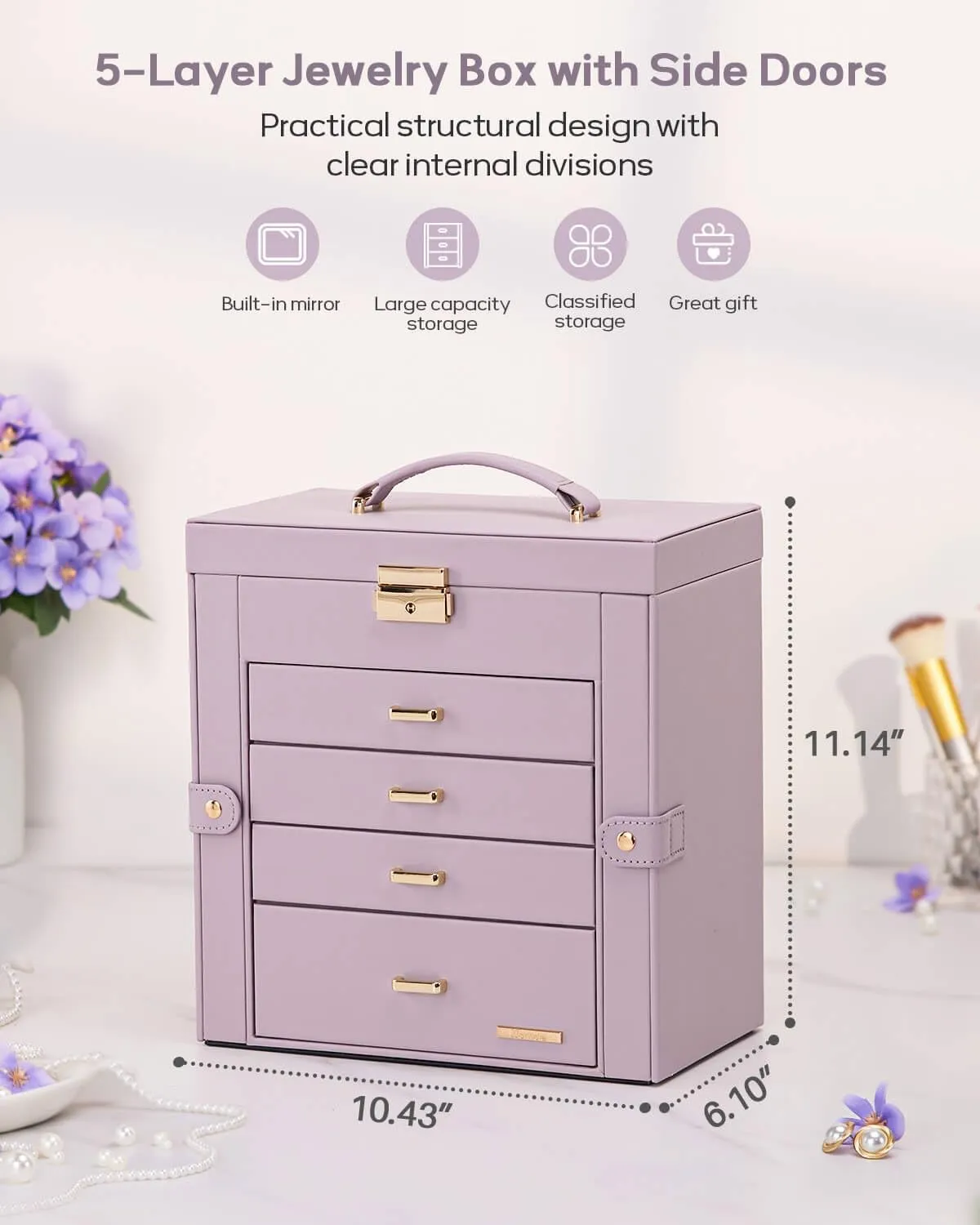 Homde Mother's Day Gifts Synthetic Leather Huge Jewelry Box Mirrored Watch Organizer Necklace Ring Earring Storage Lockable Gift Case (Grey Purple   Gold)