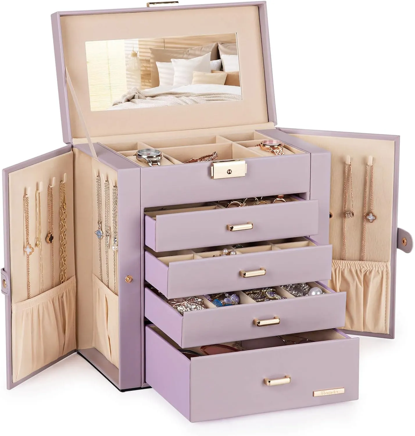 Homde Mother's Day Gifts Synthetic Leather Huge Jewelry Box Mirrored Watch Organizer Necklace Ring Earring Storage Lockable Gift Case (Grey Purple   Gold)