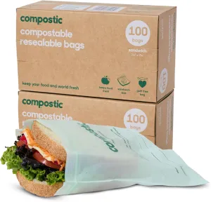 Home Compostable Resealable Sandwich Bags (7"x7"), Microwave & Freezer Safe, Organic Food Storage Container, 200 Count (100 per box)
