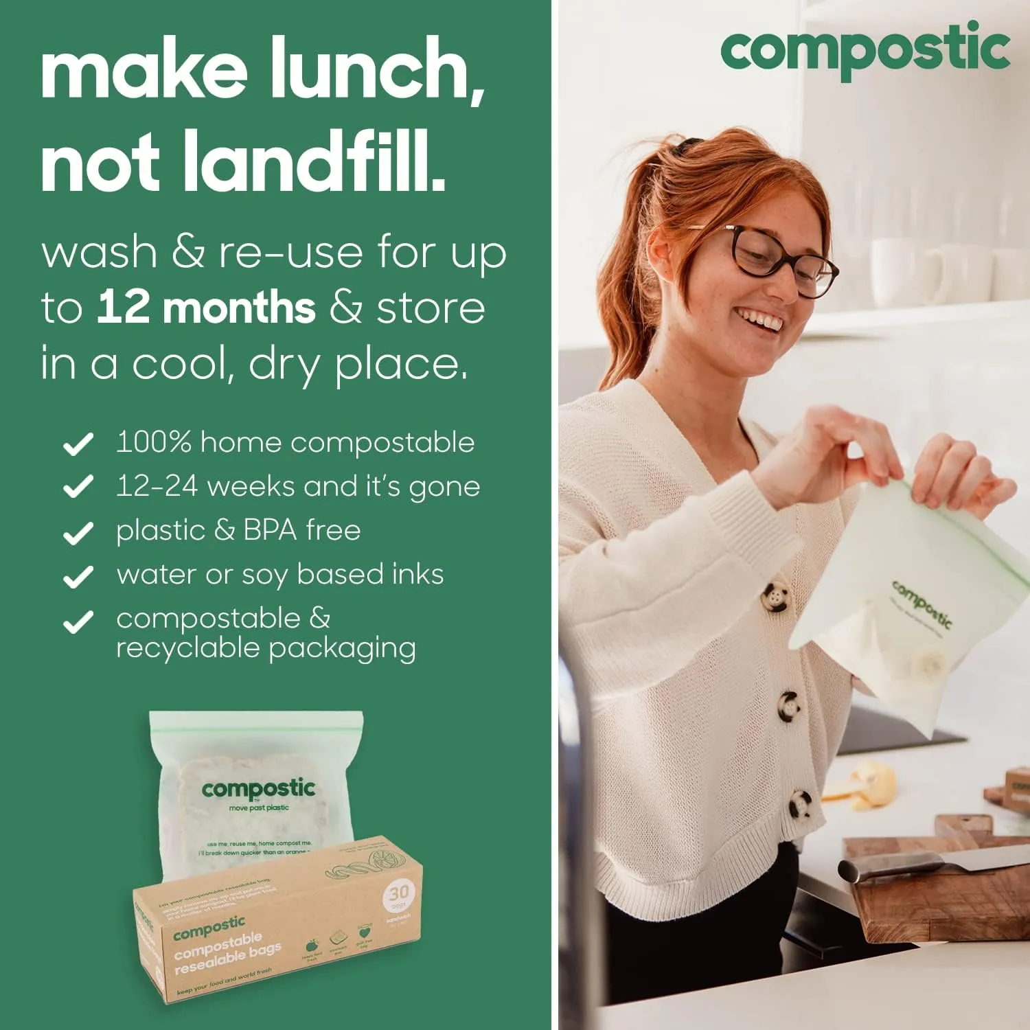 Home Compostable Resealable Sandwich Bags (7"x7"), Microwave & Freezer Safe, Organic Food Storage Container, 200 Count (100 per box)