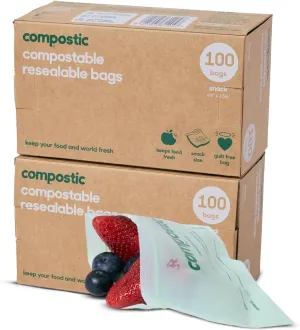 Home Compostable Resealable Snack Bags (6"x 3.5"), Microwave & Freezer Safe, Organic Food Storage Container, 200 Count (100 per box)