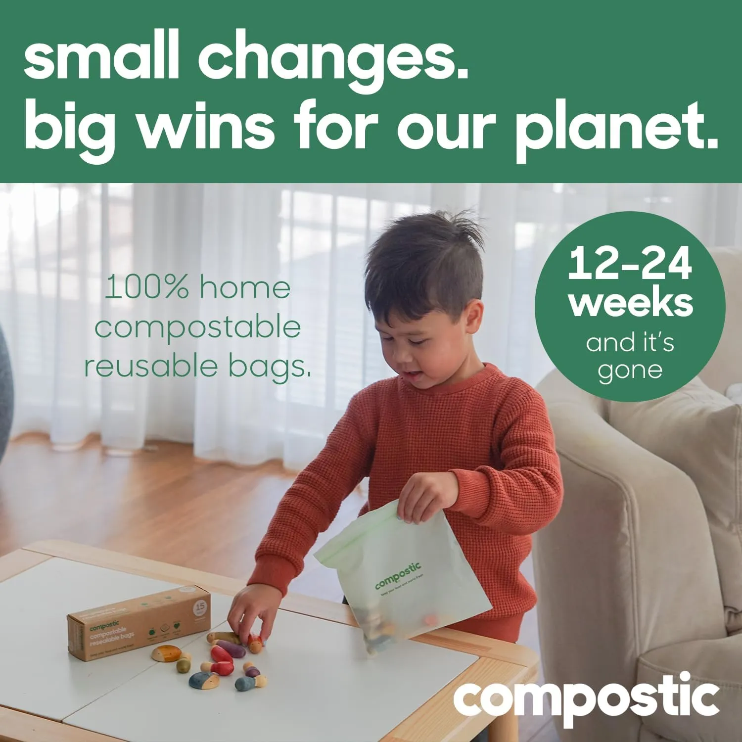 Home Compostable Resealable Snack Bags (6"x 3.5"), Microwave & Freezer Safe, Organic Food Storage Container, 200 Count (100 per box)