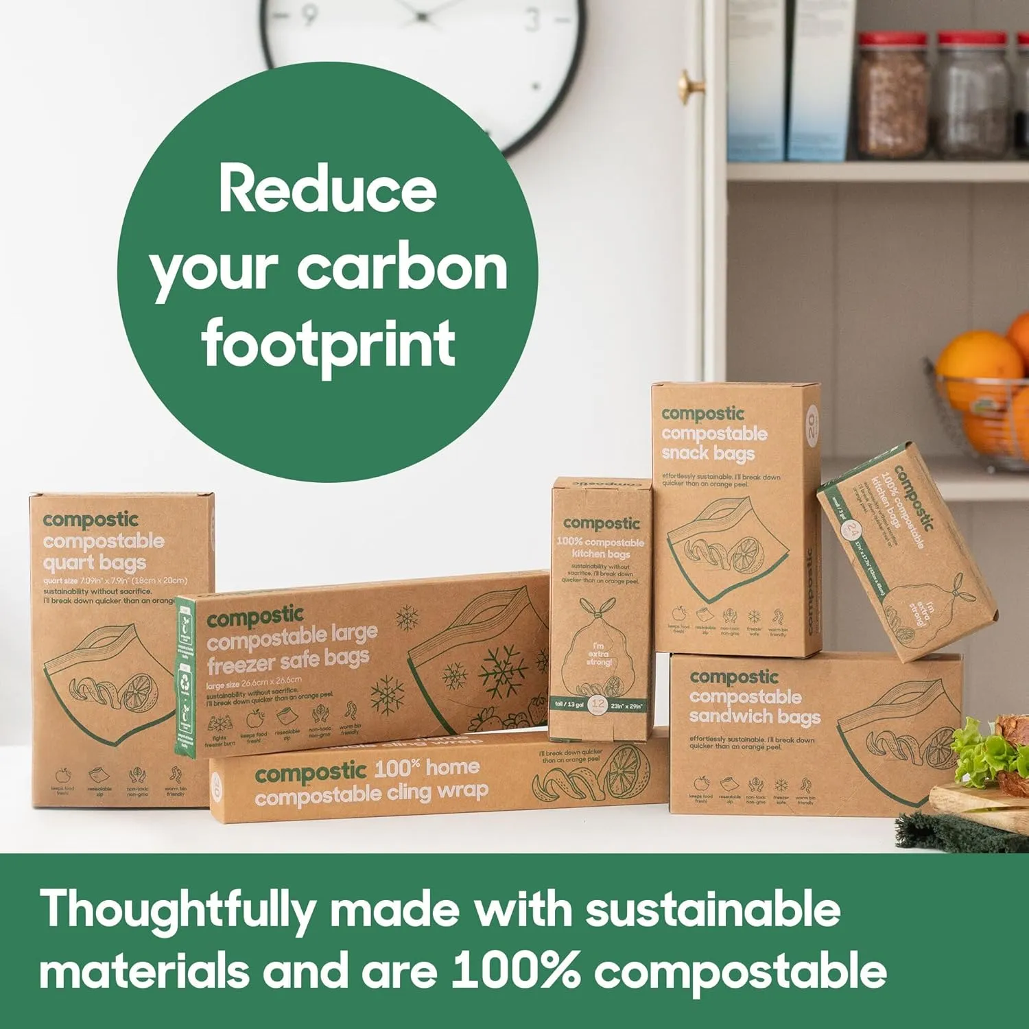 Home Compostable Resealable Snack Bags (6"x 3.5"), Microwave & Freezer Safe, Organic Food Storage Container, 200 Count (100 per box)