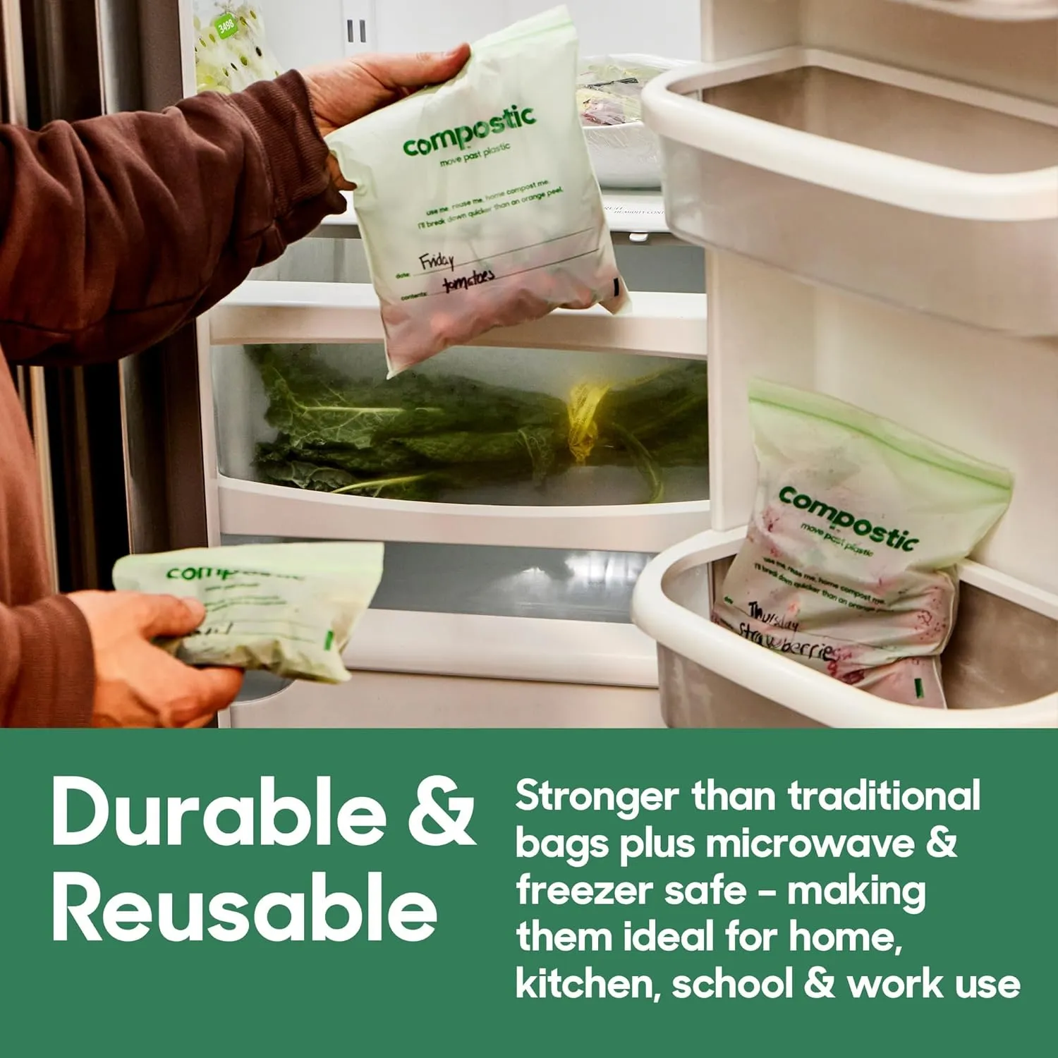 Home Compostable Resealable Snack Bags (6"x 3.5"), Microwave & Freezer Safe, Organic Food Storage Container, 200 Count (100 per box)