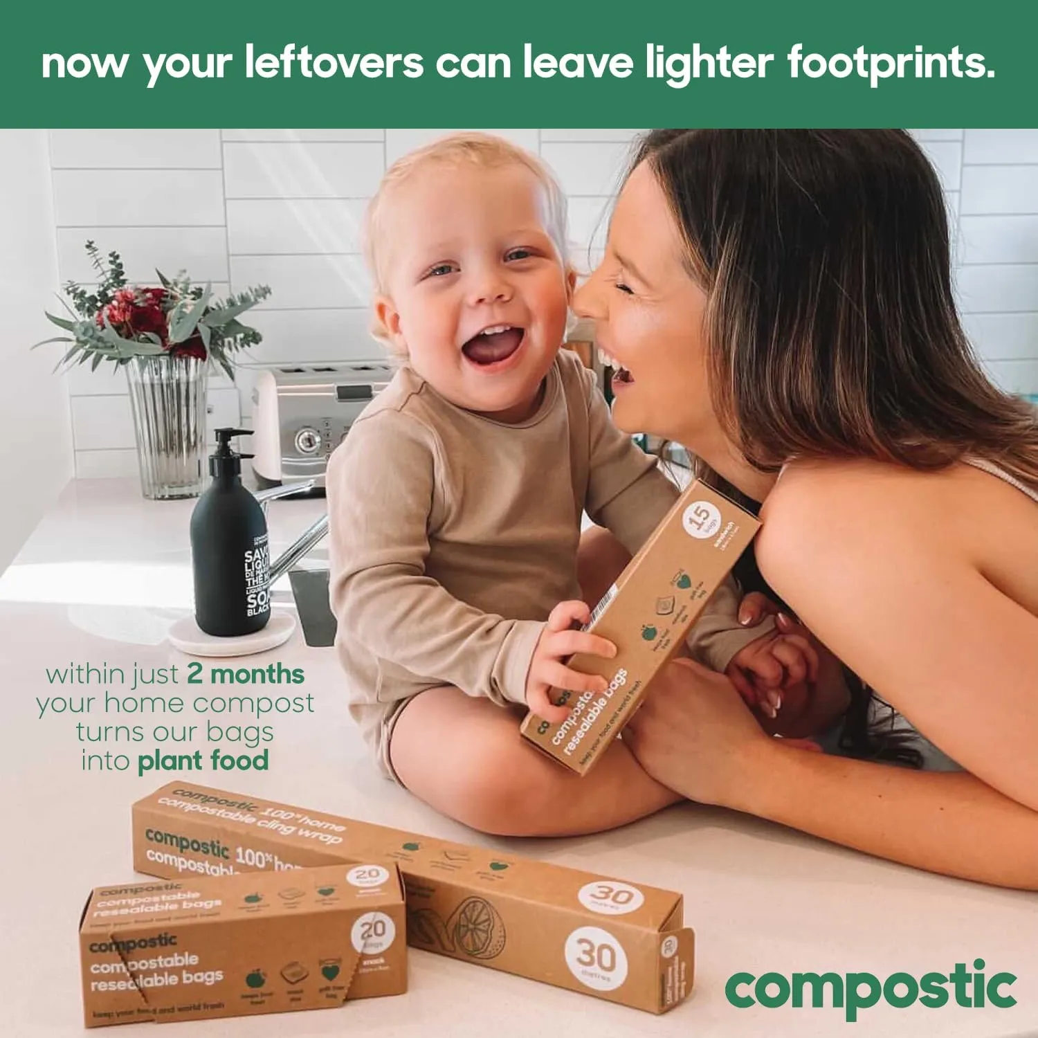 Home Compostable Resealable Snack Bags (6"x 3.5"), Microwave & Freezer Safe, Organic Food Storage Container, 200 Count (100 per box)