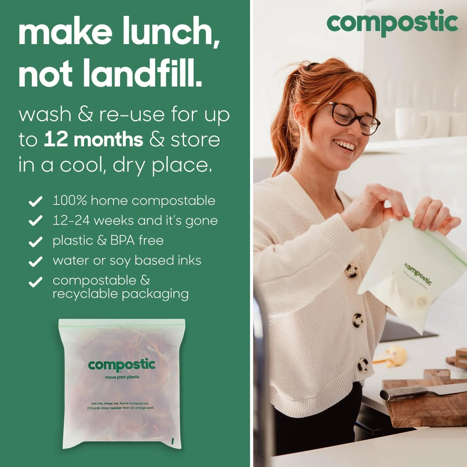 Home Compostable Resealable Snack Bags (6"x 3.5"), Microwave & Freezer Safe, Organic Food Storage Container, 200 Count (100 per box)