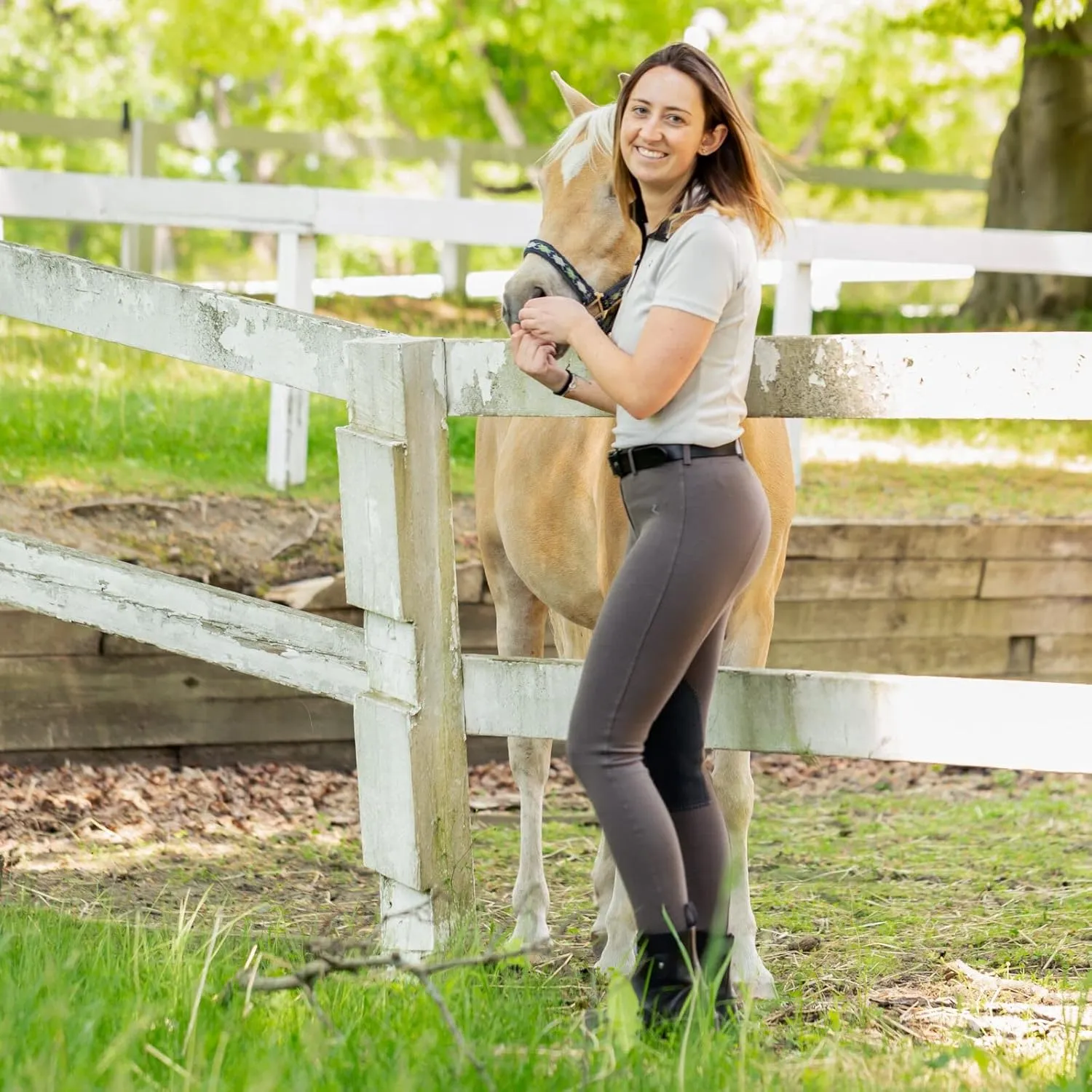 HORZE Ella Women's English Riding Pull-On Schooling Breeches with ALOS Leather Knee Patches | Size Charts in Images