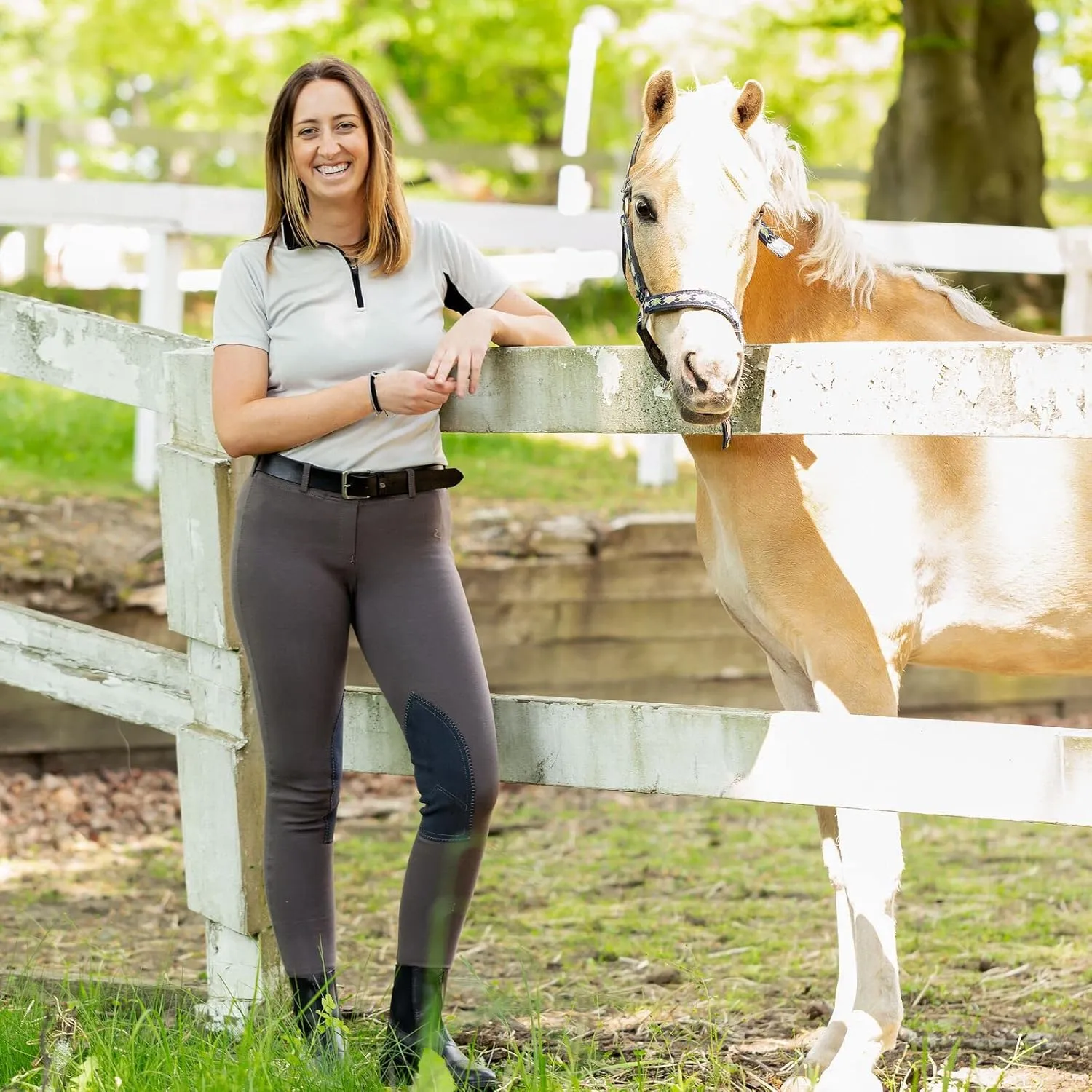 HORZE Ella Women's English Riding Pull-On Schooling Breeches with ALOS Leather Knee Patches | Size Charts in Images