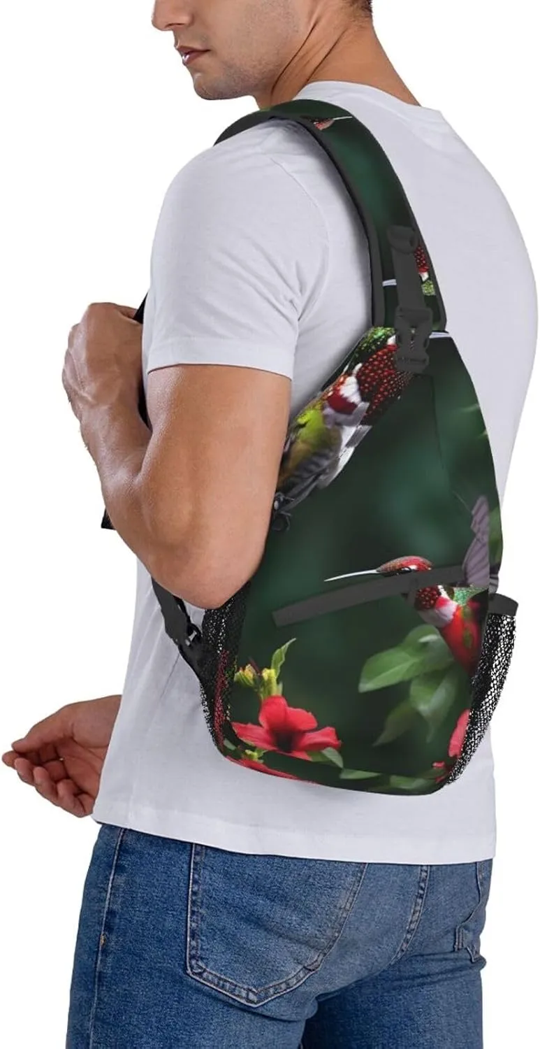 Hummingbirds Red Flowers Hibiscus Unisex Casual Diagonal Chest Bag,Multipurpose Crossbody Shoulder Bag Travel Hiking Daypack