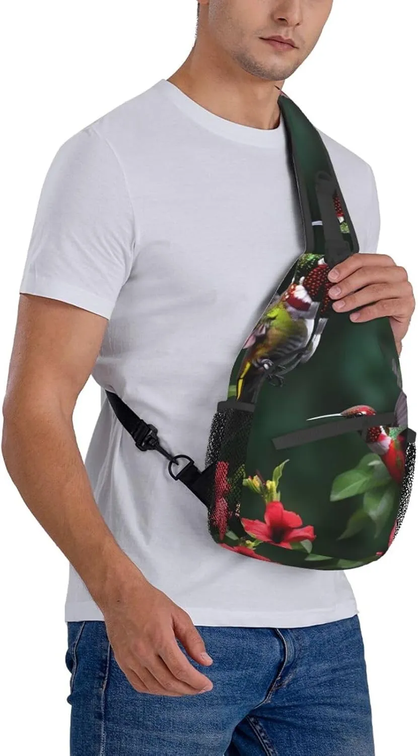 Hummingbirds Red Flowers Hibiscus Unisex Casual Diagonal Chest Bag,Multipurpose Crossbody Shoulder Bag Travel Hiking Daypack
