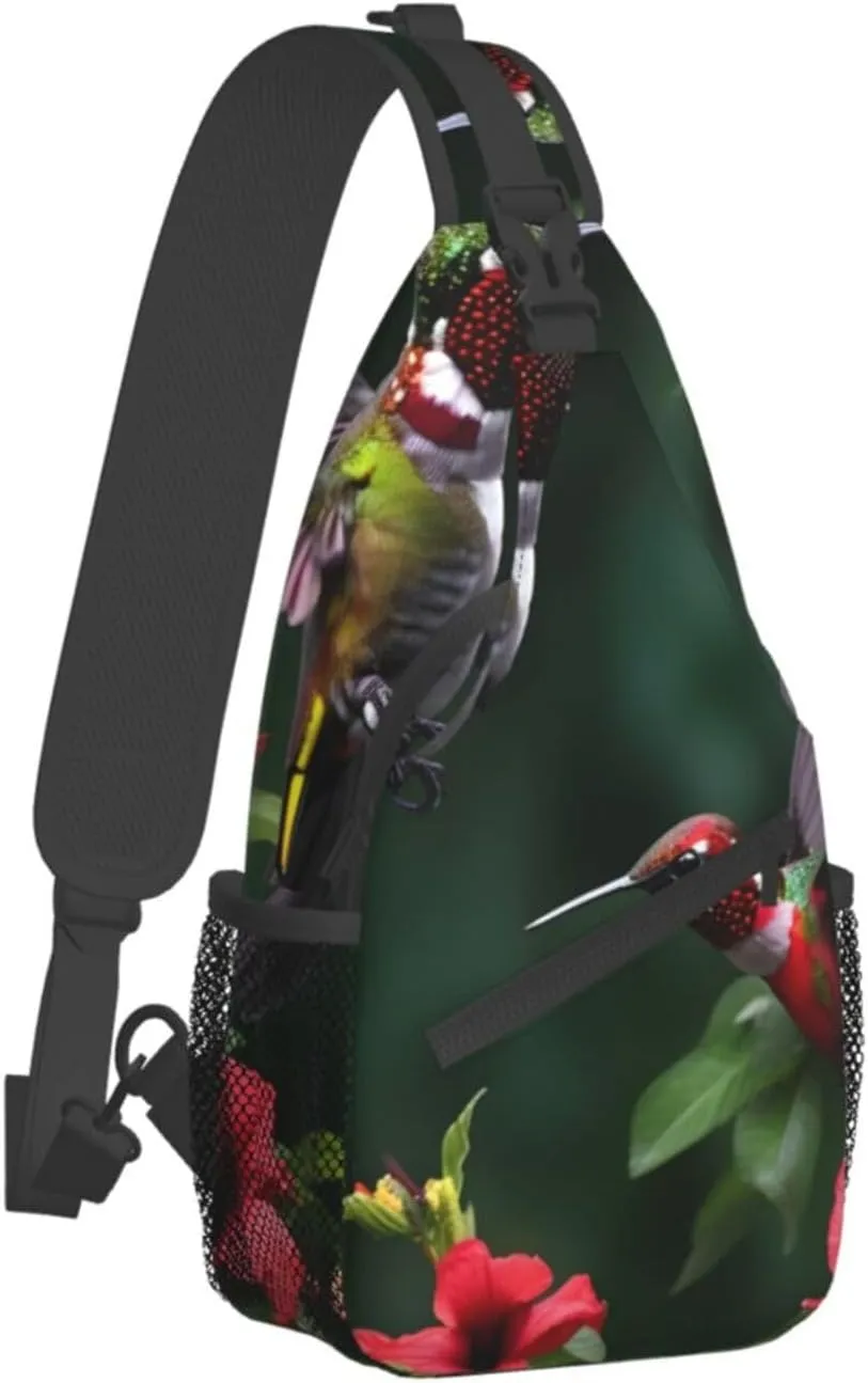 Hummingbirds Red Flowers Hibiscus Unisex Casual Diagonal Chest Bag,Multipurpose Crossbody Shoulder Bag Travel Hiking Daypack