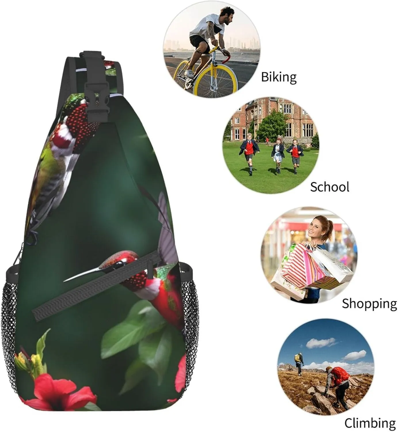 Hummingbirds Red Flowers Hibiscus Unisex Casual Diagonal Chest Bag,Multipurpose Crossbody Shoulder Bag Travel Hiking Daypack