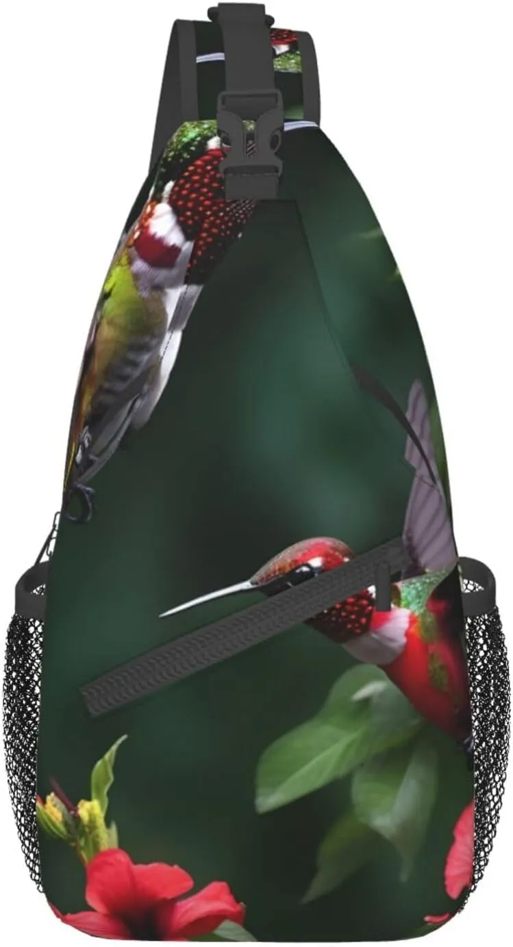 Hummingbirds Red Flowers Hibiscus Unisex Casual Diagonal Chest Bag,Multipurpose Crossbody Shoulder Bag Travel Hiking Daypack