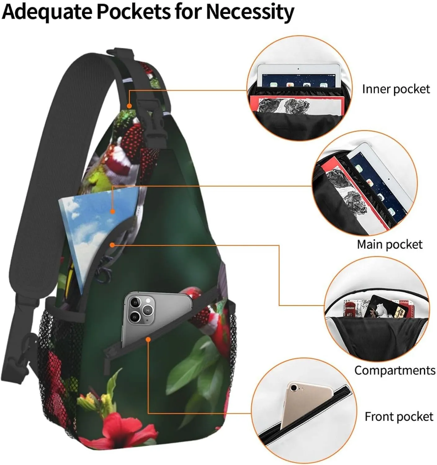 Hummingbirds Red Flowers Hibiscus Unisex Casual Diagonal Chest Bag,Multipurpose Crossbody Shoulder Bag Travel Hiking Daypack