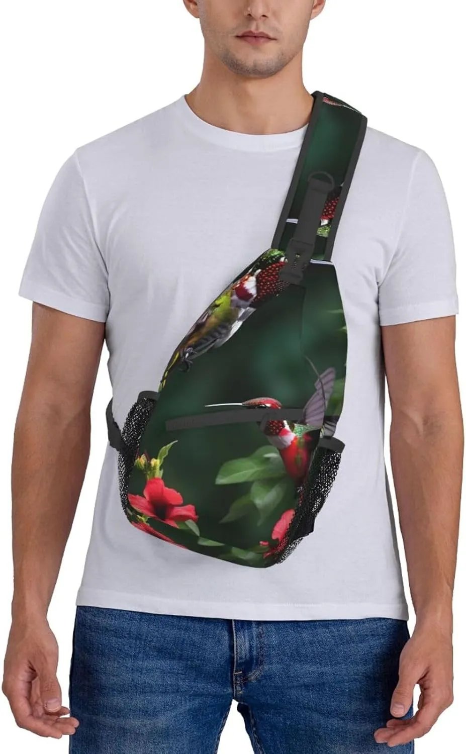 Hummingbirds Red Flowers Hibiscus Unisex Casual Diagonal Chest Bag,Multipurpose Crossbody Shoulder Bag Travel Hiking Daypack