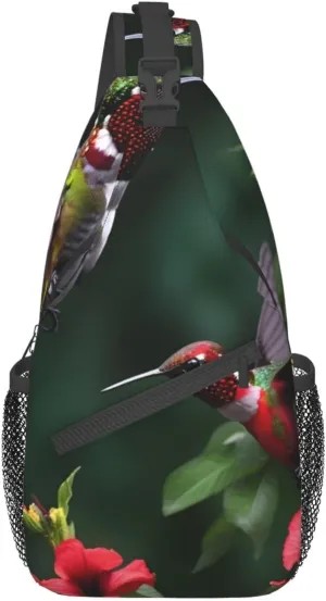 Hummingbirds Red Flowers Hibiscus Unisex Casual Diagonal Chest Bag,Multipurpose Crossbody Shoulder Bag Travel Hiking Daypack