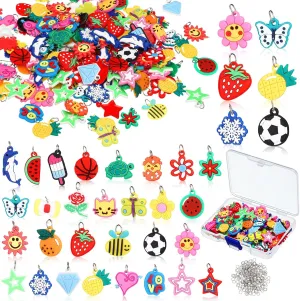 Hungdao 200 Pcs Rubber Loom Band Charm Only Silicone Rainbow Bracelet Charms, Bracelet Pendant Summer Rubber Accessories Colorful Jewelry Making Kit with 200 Opening Rings