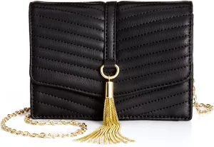 INC Womens Mini Yvonn Faux Leather Tasseled Crossbody Handbag Black Small