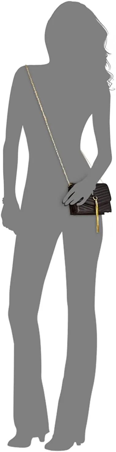 INC Womens Mini Yvonn Faux Leather Tasseled Crossbody Handbag Black Small
