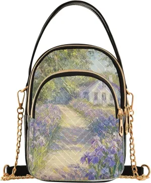 Iris Path Cottage White Multi Pockets Crossbody Bags for Women Zip Cell Phone Purse Wallet Bag with Detachable Shoulder Strap Wallet Purses for Shopping Traveling Working Women Girls Trendy Gift